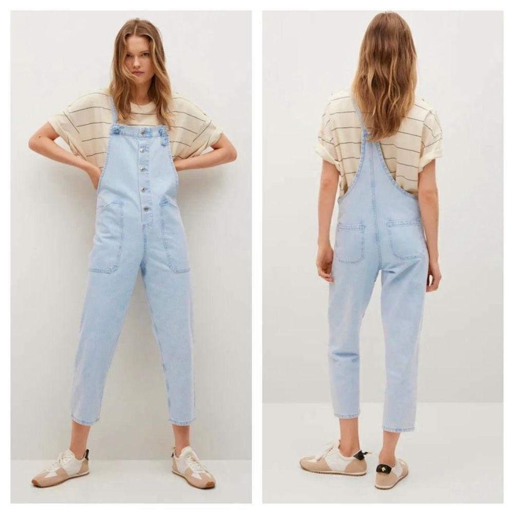 NEW Mango light blue denim overalls w/ knot straps and deep pockets Size L boho